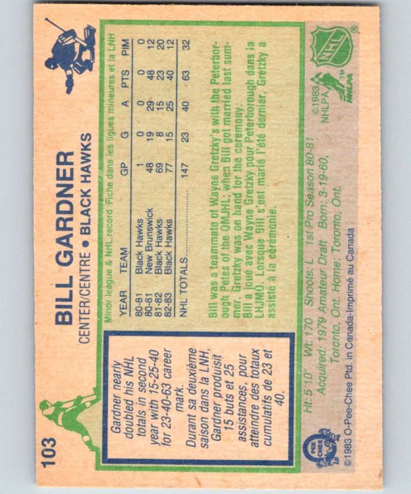 1983-84 O-Pee-Chee #103 Bill Gardner RC Rookie Blackhawks NHL Hockey