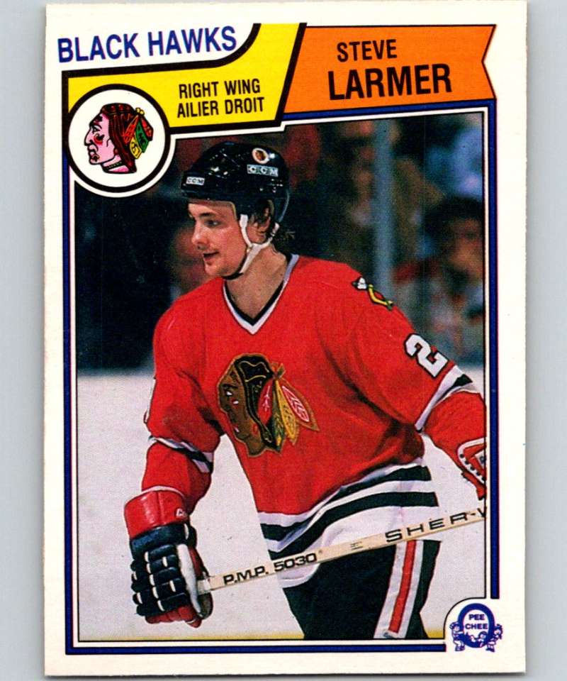 1983-84 O-Pee-Chee #105 Steve Larmer RC Rookie Blackhawks UER NHL Hockey Image 1