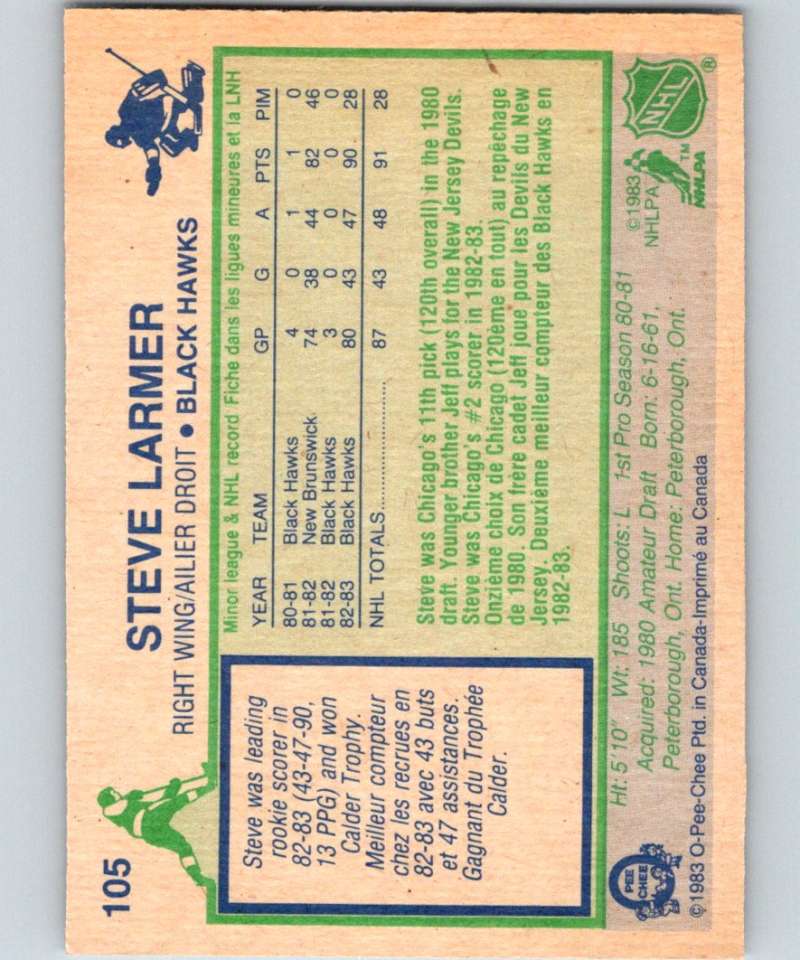 1983-84 O-Pee-Chee #105 Steve Larmer RC Rookie Blackhawks UER NHL Hockey Image 2