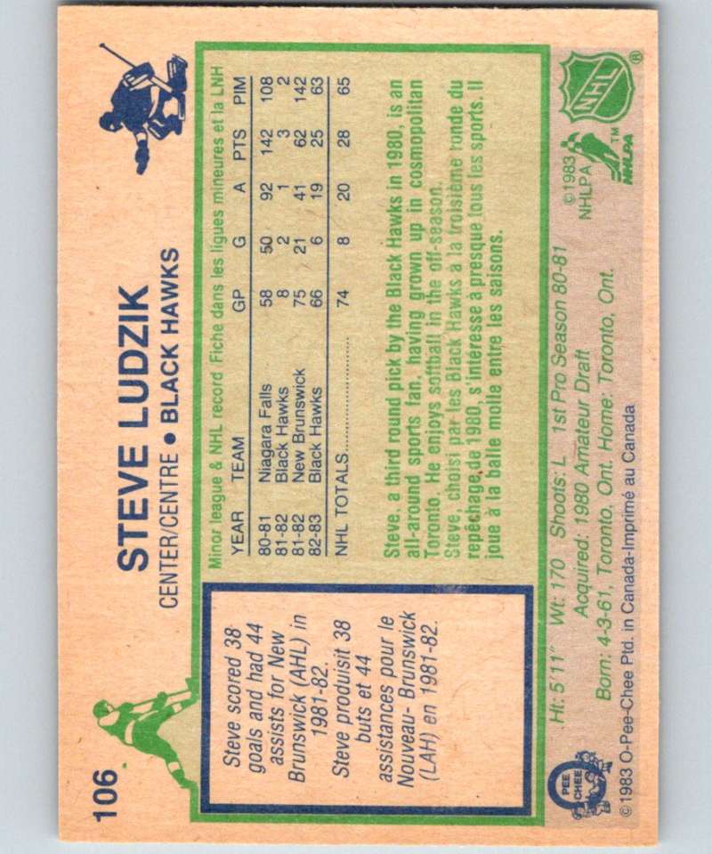 1983-84 O-Pee-Chee #106 Steve Ludzik RC Rookie Blackhawks UER NHL Hockey