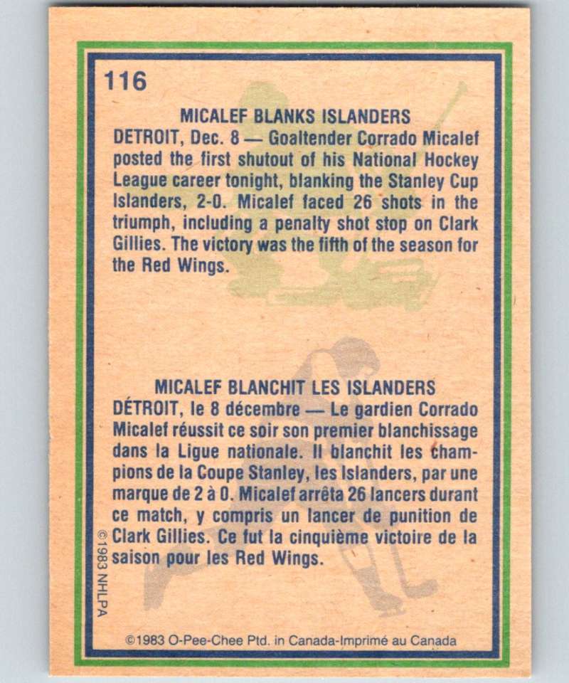 1983-84 O-Pee-Chee #116 Corrado Micalef Red Wings HL NHL Hockey