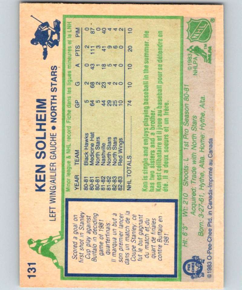 1983-84 O-Pee-Chee #131 Ken Solheim RC Rookie North Stars NHL Hockey