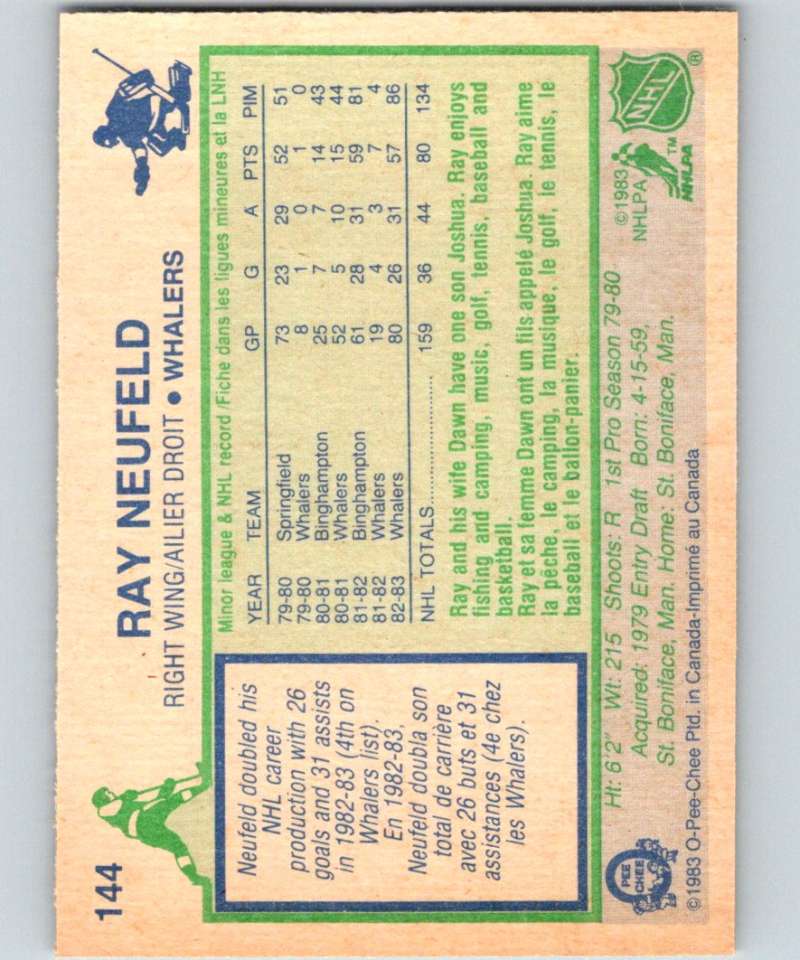 1983-84 O-Pee-Chee #144 Ray Neufeld RC Rookie Whalers NHL Hockey