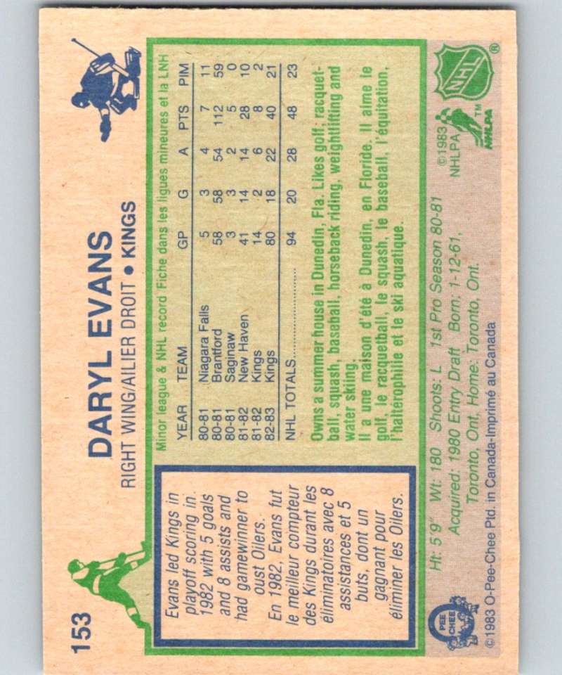 1983-84 O-Pee-Chee #153 Daryl Evans RC Rookie Kings NHL Hockey