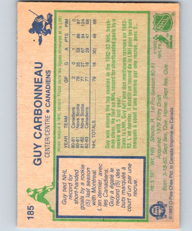 1983-84 O-Pee-Chee #185 Guy Carbonneau RC Rookie Canadiens NHL Hockey