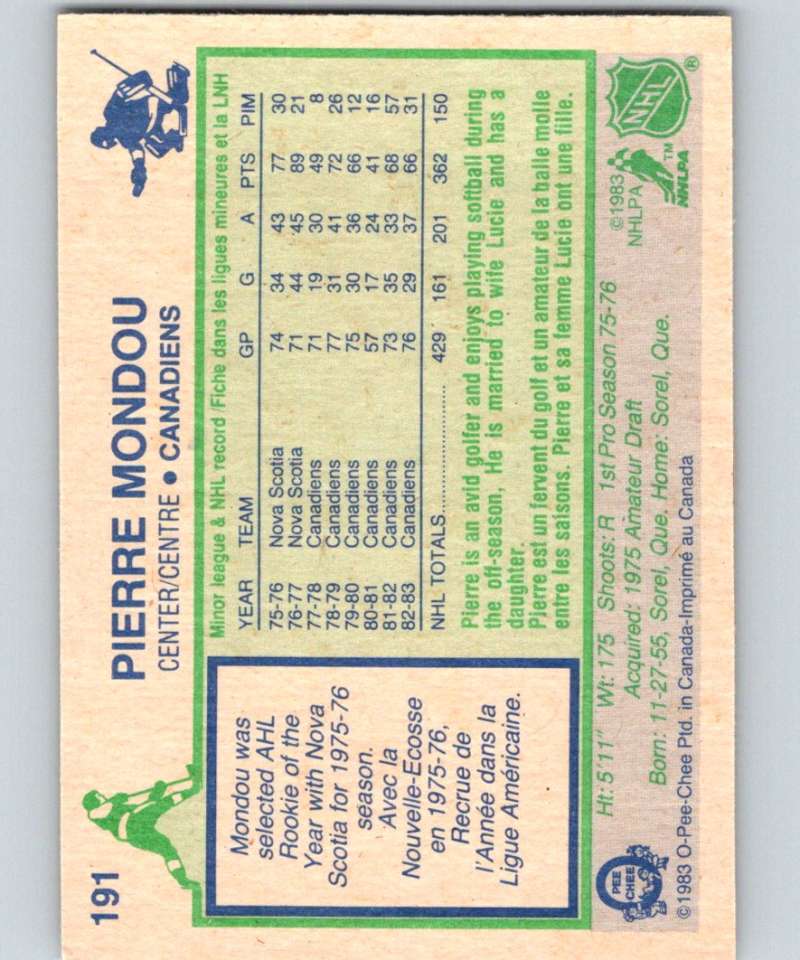 1983-84 O-Pee-Chee #191 Pierre Mondou Canadiens NHL Hockey
