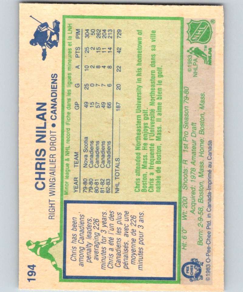 1983-84 O-Pee-Chee #194 Chris Nilan RC Rookie Canadiens NHL Hockey