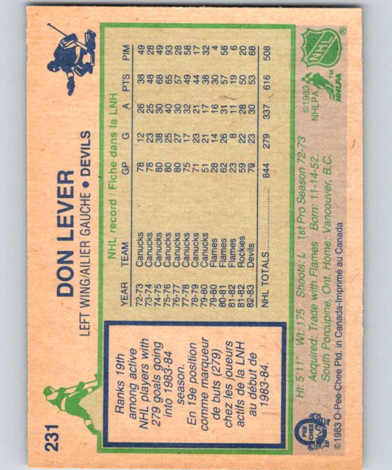 1983-84 O-Pee-Chee #231 Don Lever NJ Devils NHL Hockey