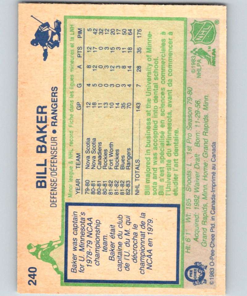 1983-84 O-Pee-Chee #240 Bill Baker RC Rookie NY Rangers NHL Hockey