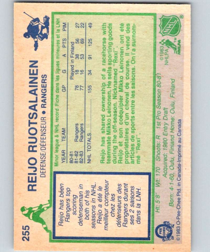 1983-84 O-Pee-Chee #255 Reijo Ruotsalainen NY Rangers NHL Hockey