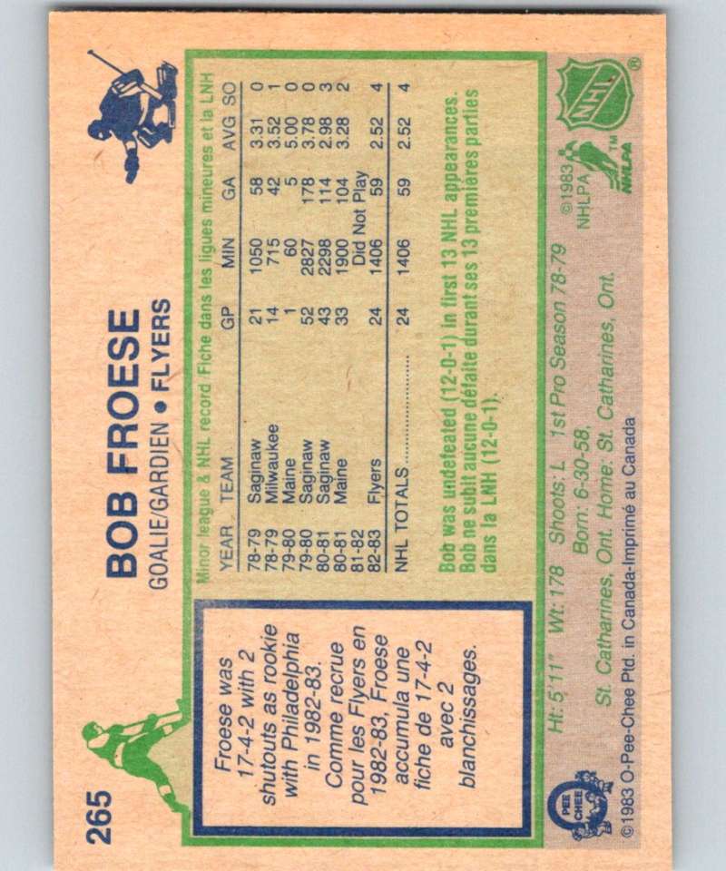 1983-84 O-Pee-Chee #265 Bob Froese RC Rookie Flyers NHL Hockey