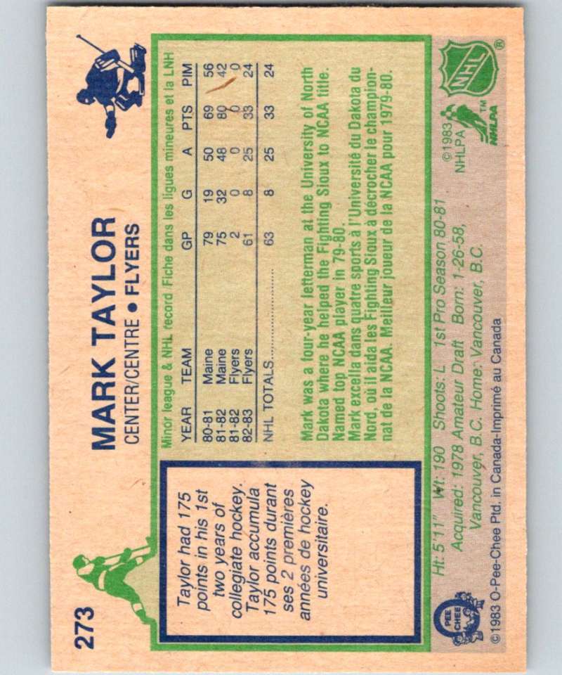 1983-84 O-Pee-Chee #273 Mark Taylor RC Rookie Flyers NHL Hockey