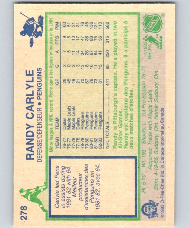 1983-84 O-Pee-Chee #278 Randy Carlyle Penguins NHL Hockey