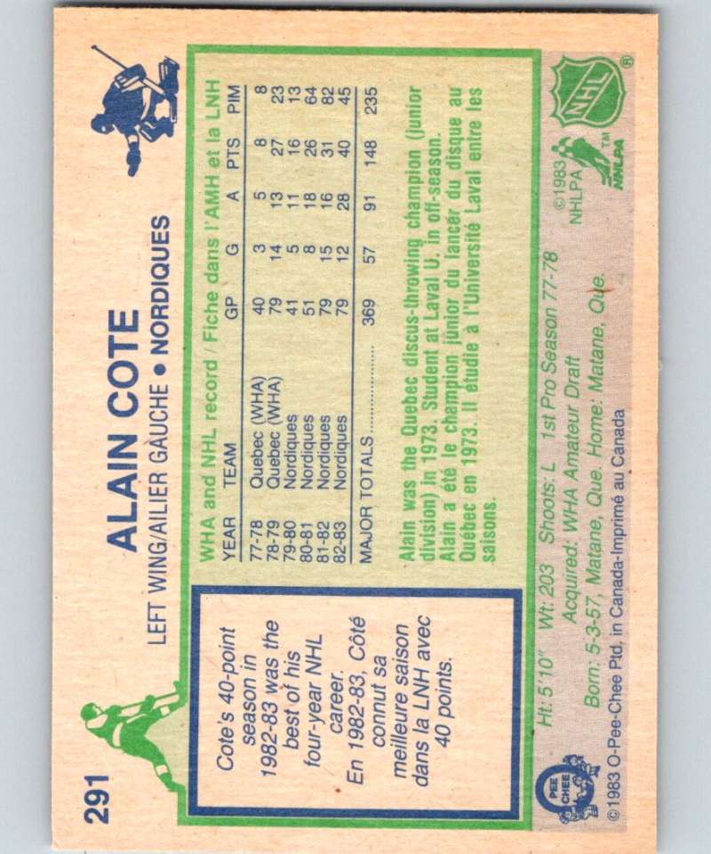 1983-84 O-Pee-Chee #291 Alain Cote Nordiques NHL Hockey