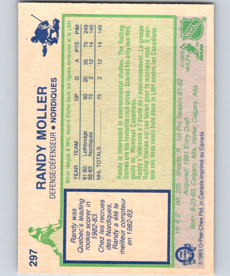 1983-84 O-Pee-Chee #297 Randy Moller RC Rookie Nordiques NHL Hockey