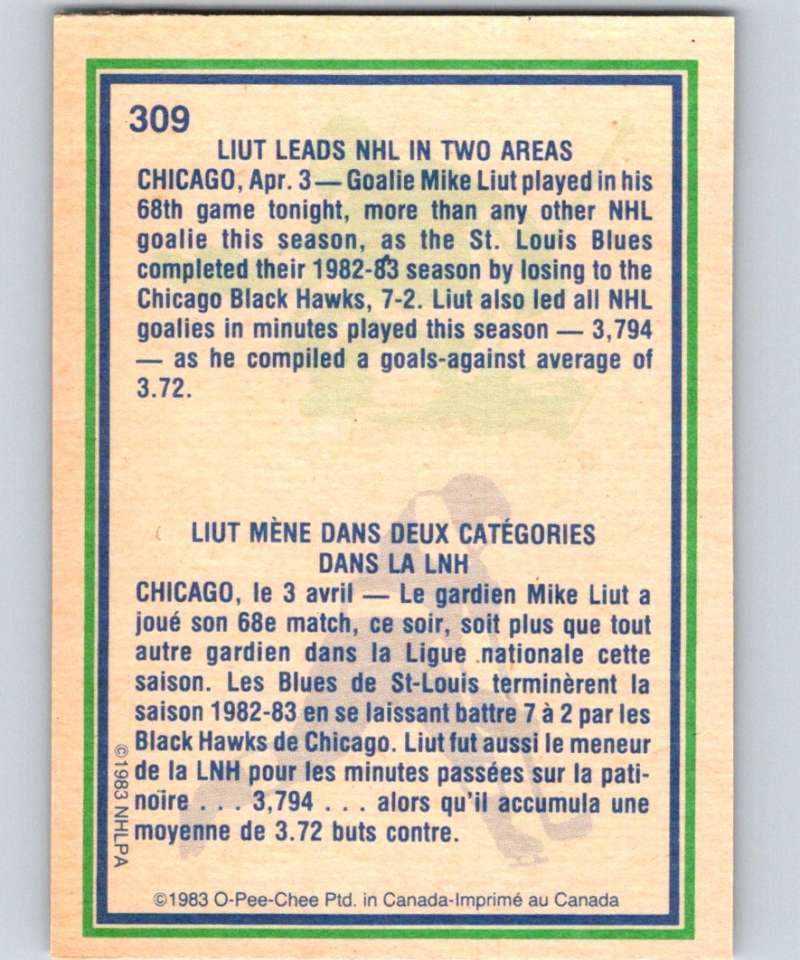 1983-84 O-Pee-Chee #309 Mike Liut Blues HL NHL Hockey