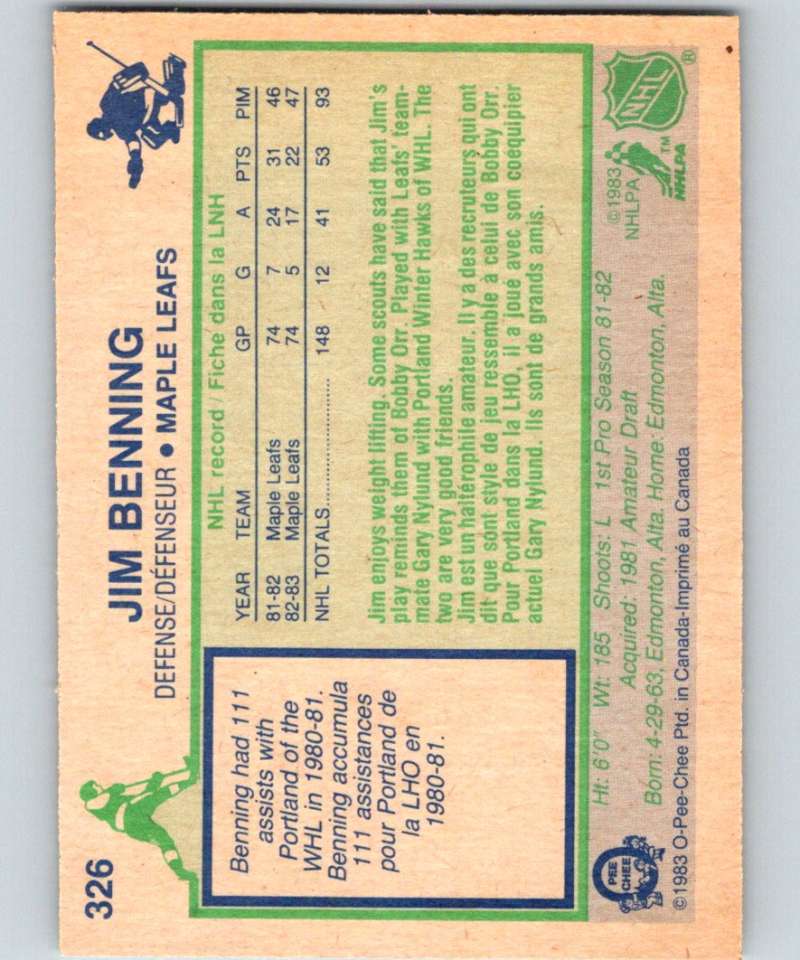 1983-84 O-Pee-Chee #326 Jim Benning Maple Leafs NHL Hockey