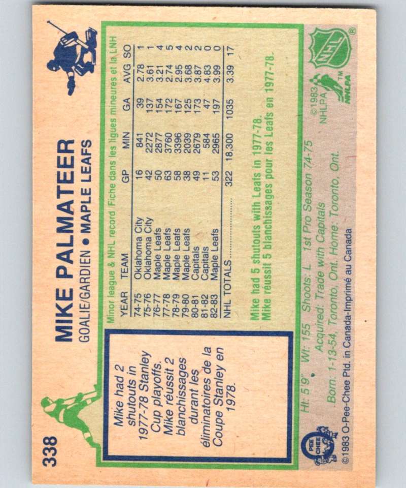 1983-84 O-Pee-Chee #338 Mike Palmateer Maple Leafs NHL Hockey