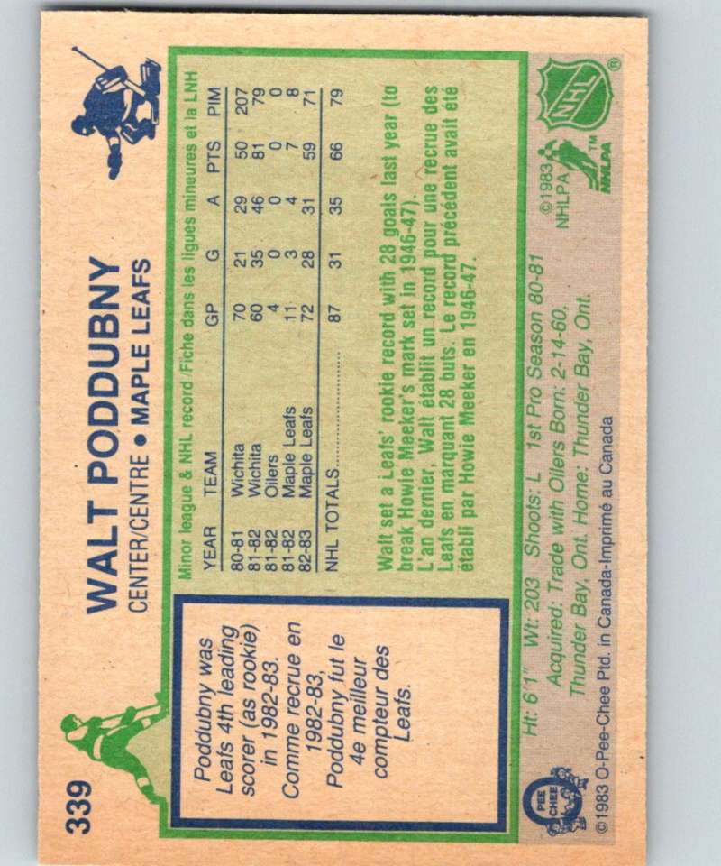 1983-84 O-Pee-Chee #339 Walt Poddubny RC Rookie Maple Leafs NHL Hockey