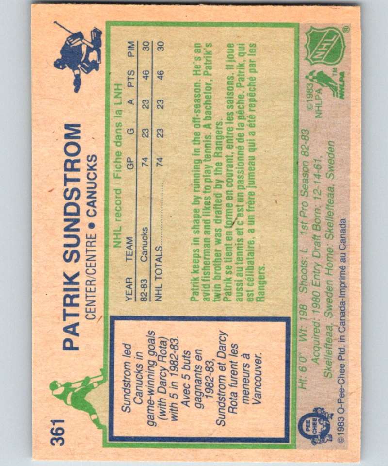 1983-84 O-Pee-Chee #361 Patrik Sundstrom RC Rookie Canucks NHL Hockey