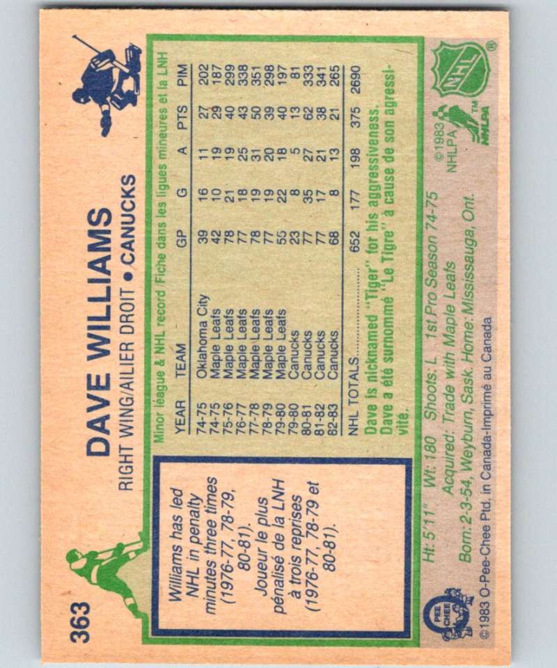 1983-84 O-Pee-Chee #363 Tiger Williams Canucks NHL Hockey