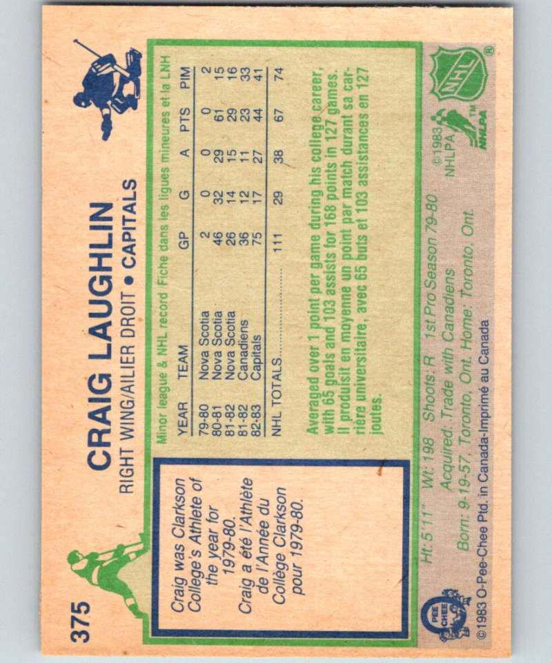 1983-84 O-Pee-Chee #375 Craig Laughlin RC Rookie Capitals NHL Hockey