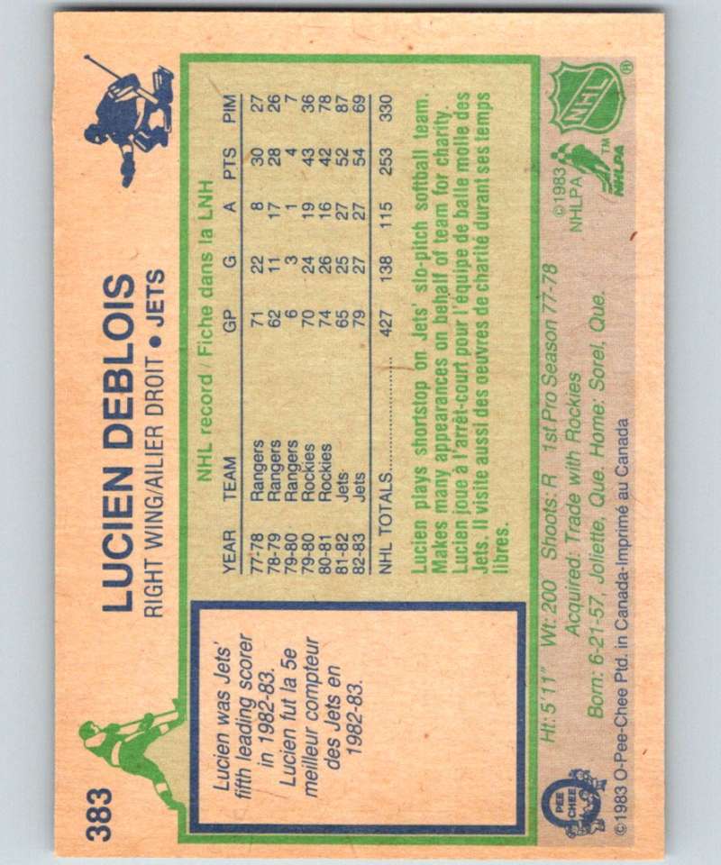 1983-84 O-Pee-Chee #383 Lucien DeBlois Winn Jets NHL Hockey