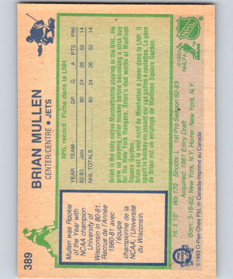 1983-84 O-Pee-Chee #389 Brian Mullen RC Rookie Winn Jets NHL Hockey