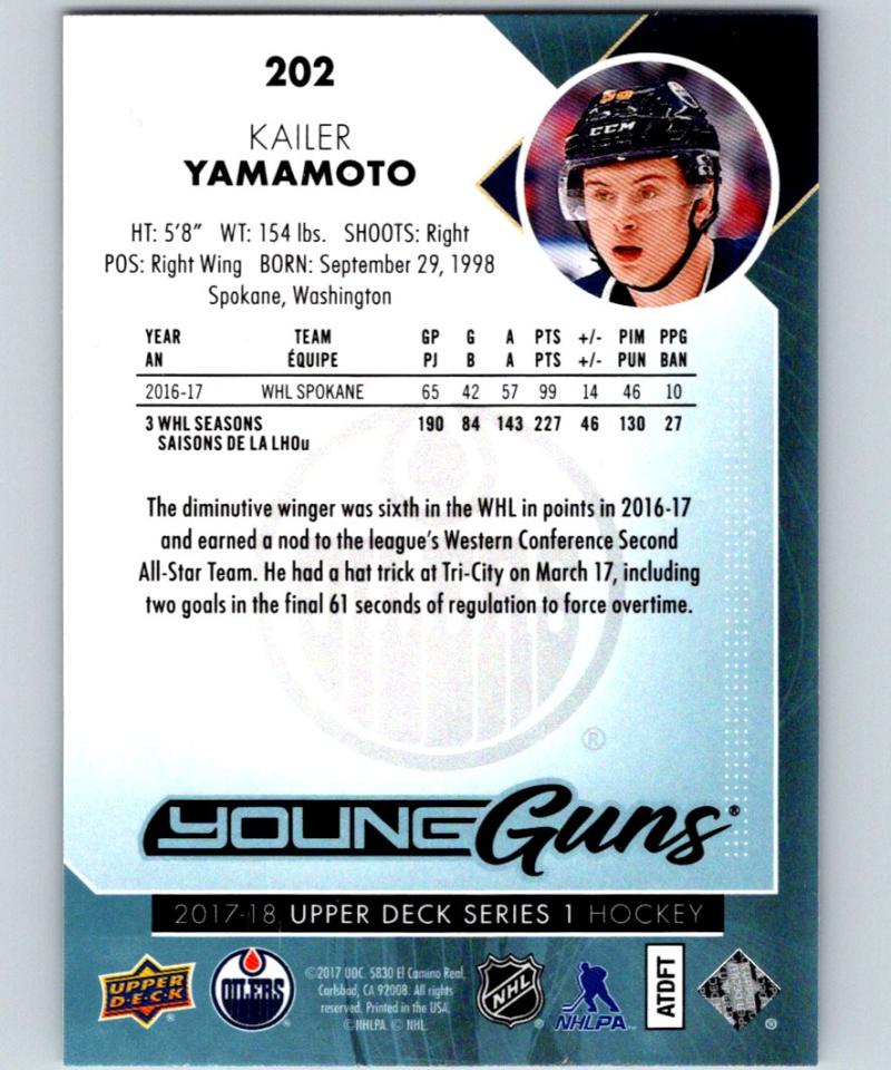 2017-18 Upper Deck #202 Kailer Yamamoto YG Young Guns Hockey NHL RC Rookie 06364
