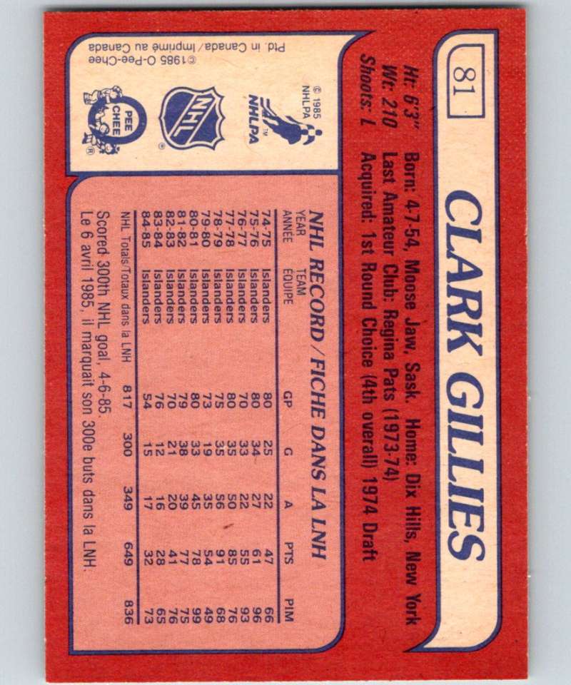 1985-86 O-Pee-Chee #81 Clark Gillies NY Islanders NHL Hockey