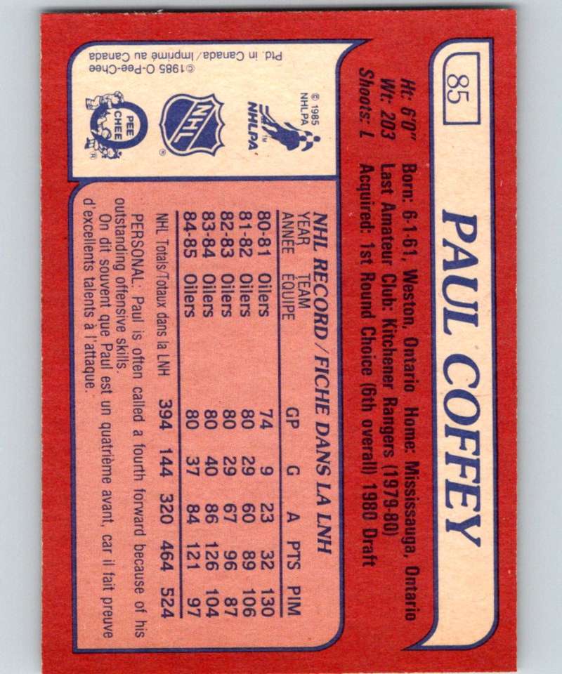 1985-86 O-Pee-Chee #85 Paul Coffey Oilers NHL Hockey