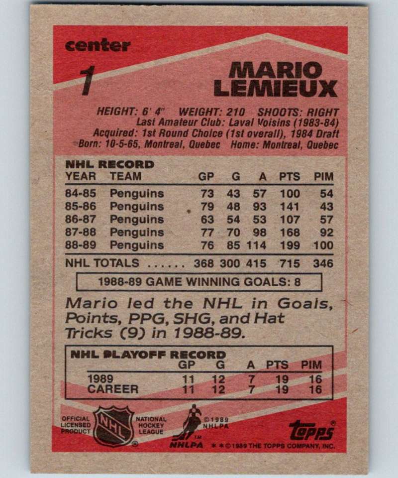 1989-90 Topps #1 Mario Lemieux Penguins NHL Hockey Image 2