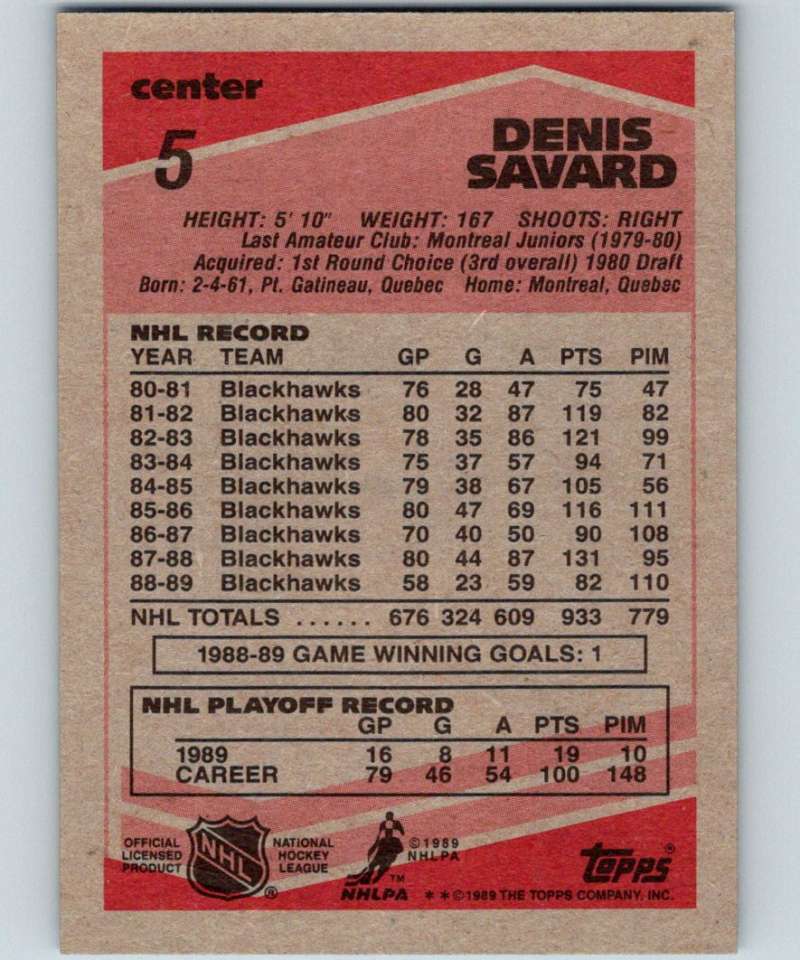 1989-90 Topps #5 Denis Savard Blackhawks NHL Hockey Image 2