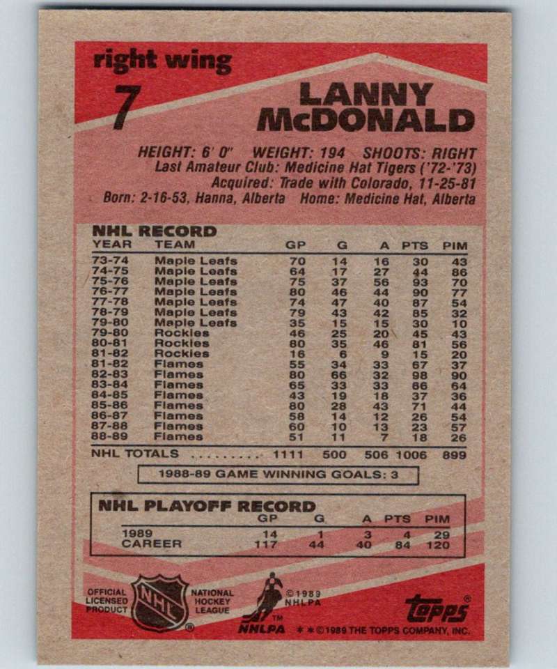  (CI) Lanny McDonald Hockey Card 1989-90 Panini