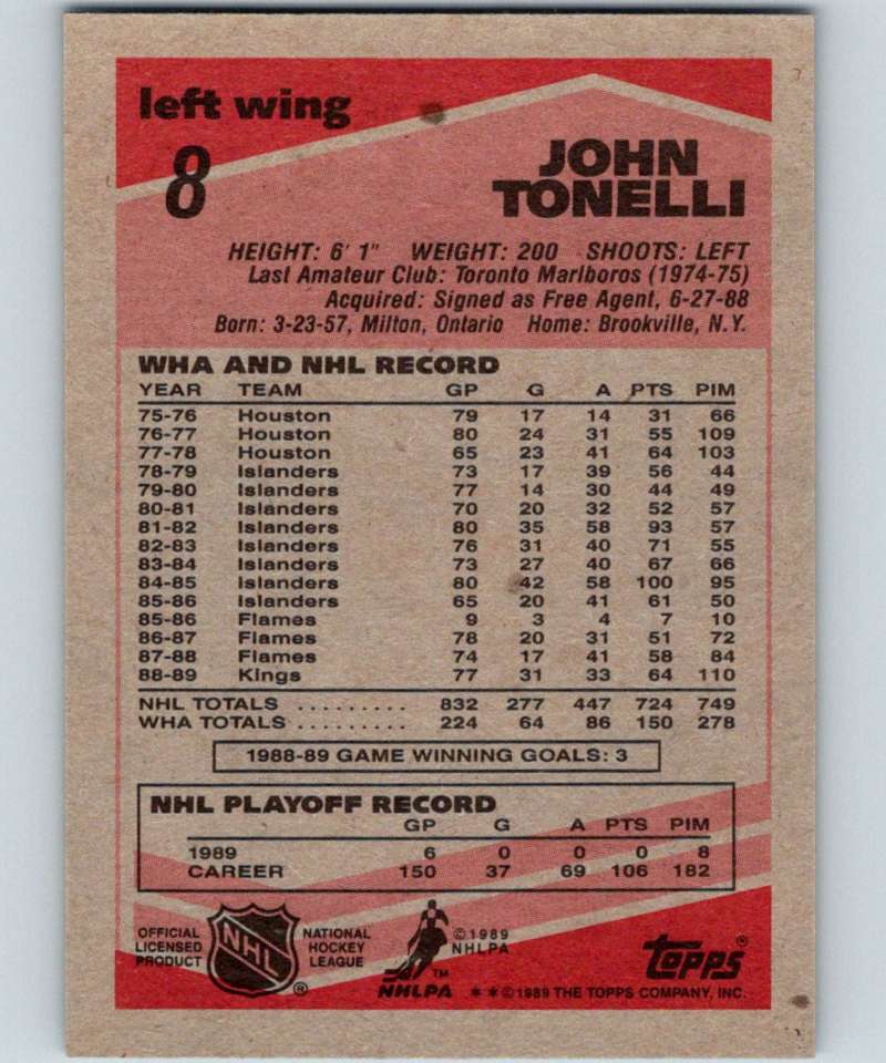 1989-90 Topps #8 John Tonelli Kings NHL Hockey Image 2