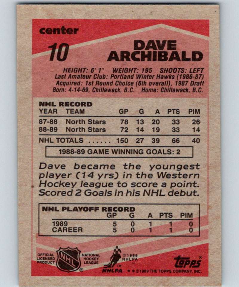 1989-90 Topps #10 Dave Archibald North Stars NHL Hockey Image 2