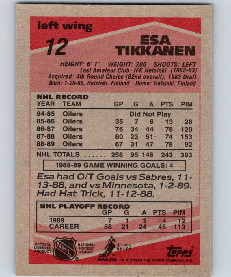 1989-90 Topps #12 Esa Tikkanen Oilers NHL Hockey Image 2