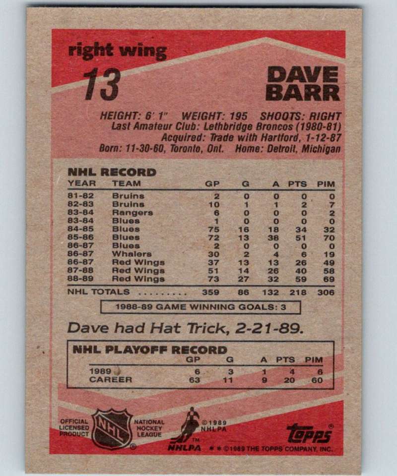 1989-90 Topps #13 Dave Barr Red Wings NHL Hockey Image 2
