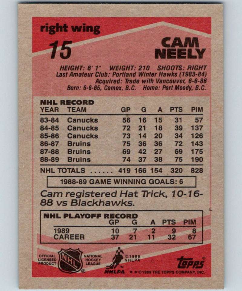 1989-90 Topps #15 Cam Neely Bruins NHL Hockey Image 2