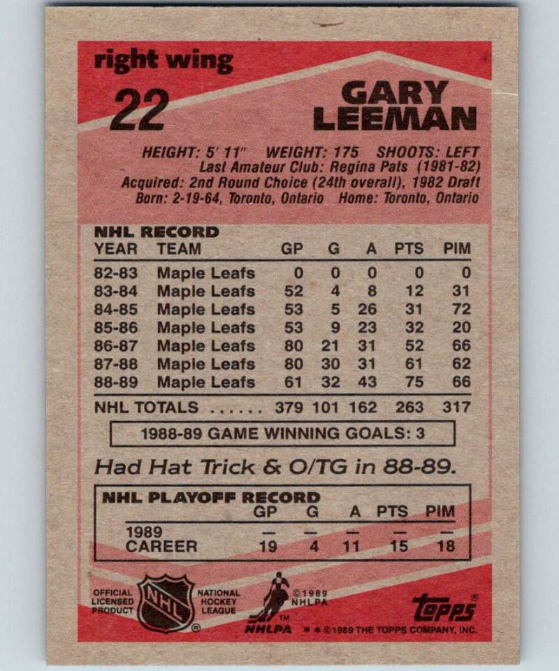 1989-90 Topps #22 Gary Leeman Maple Leafs NHL Hockey Image 2
