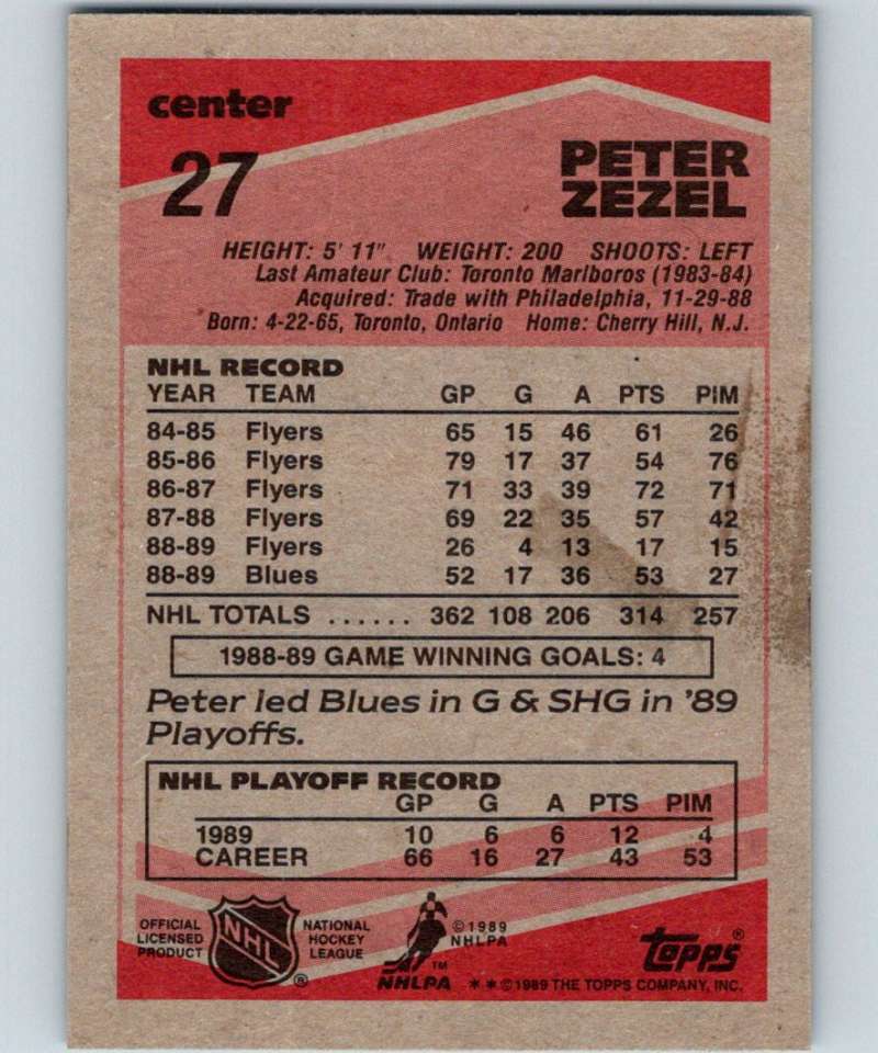 1989-90 Topps #27 Peter Zezel Blues NHL Hockey Image 2