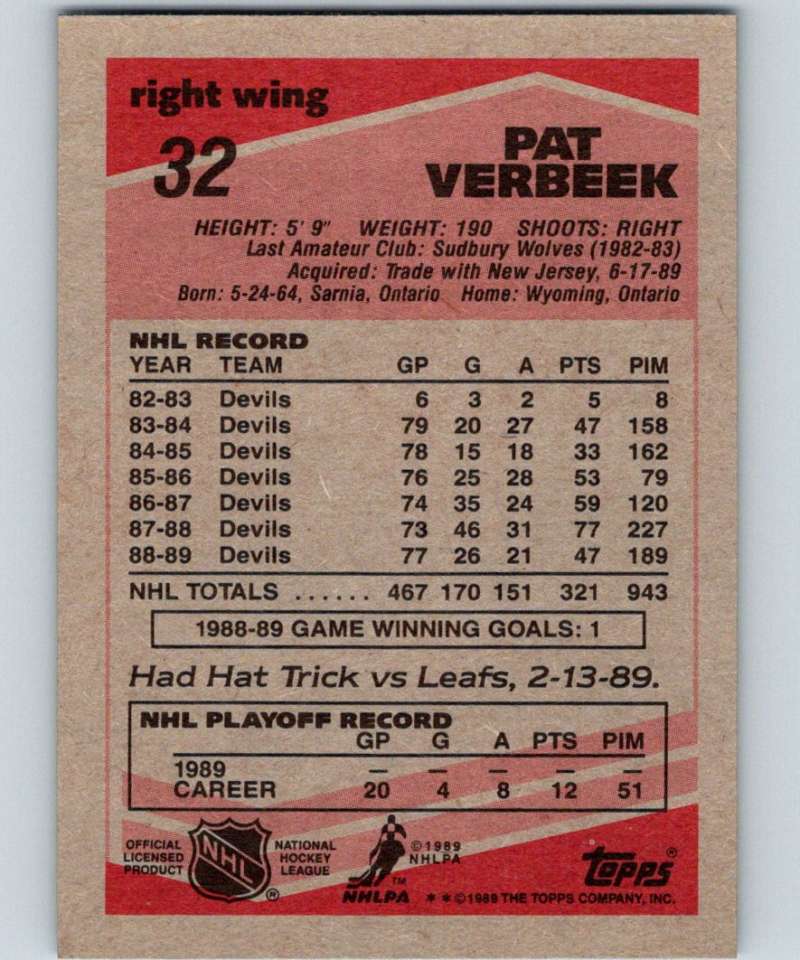 1989-90 Topps #32 Pat Verbeek Whalers NHL Hockey Image 2