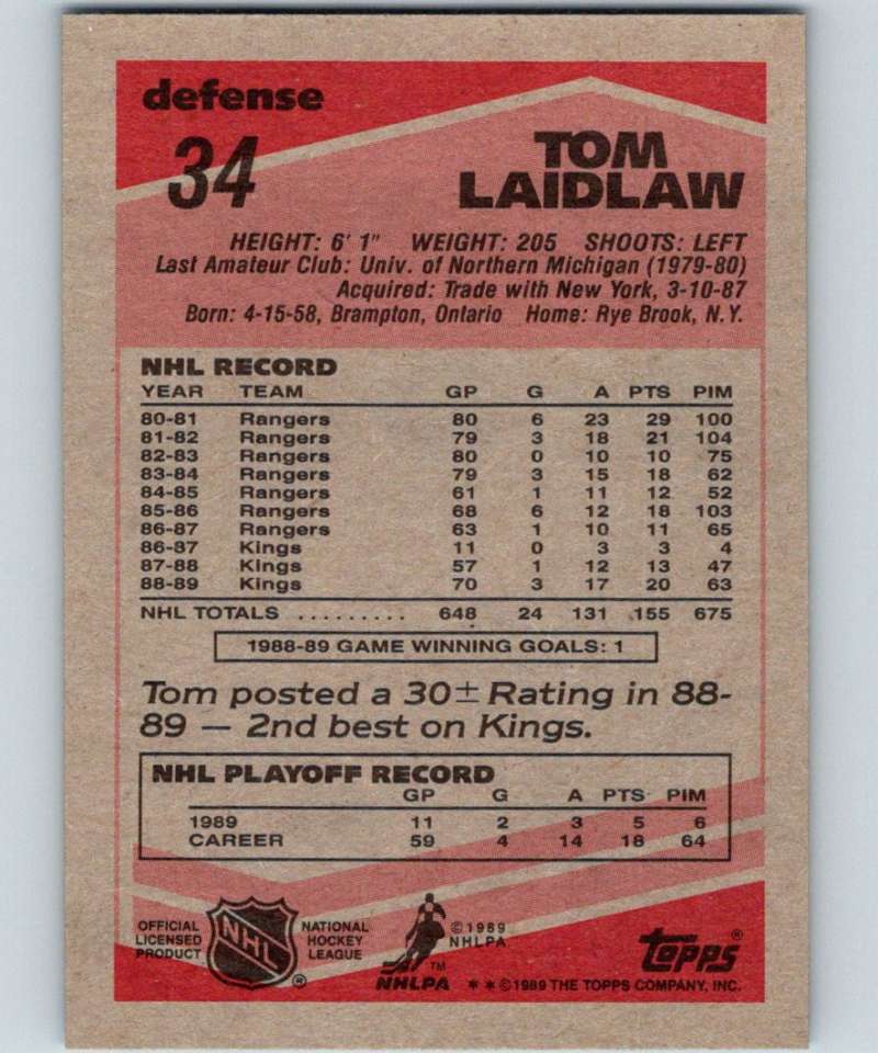 1989-90 Topps #34 Tom Laidlaw Kings NHL Hockey Image 2