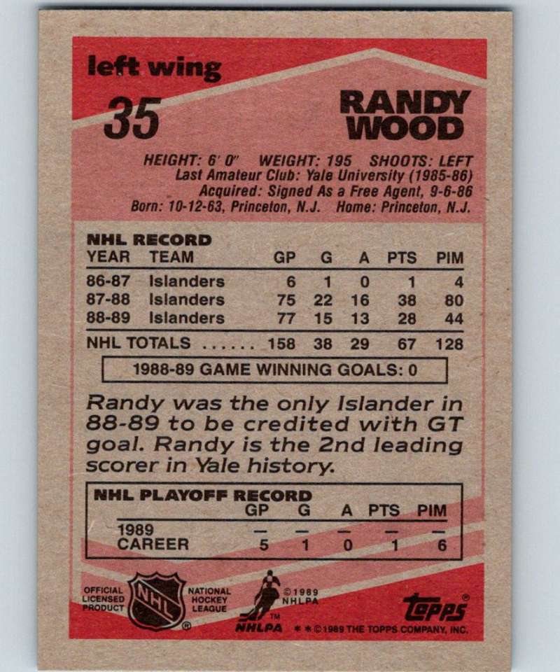 1989-90 Topps #35 Randy Wood NY Islanders NHL Hockey Image 2