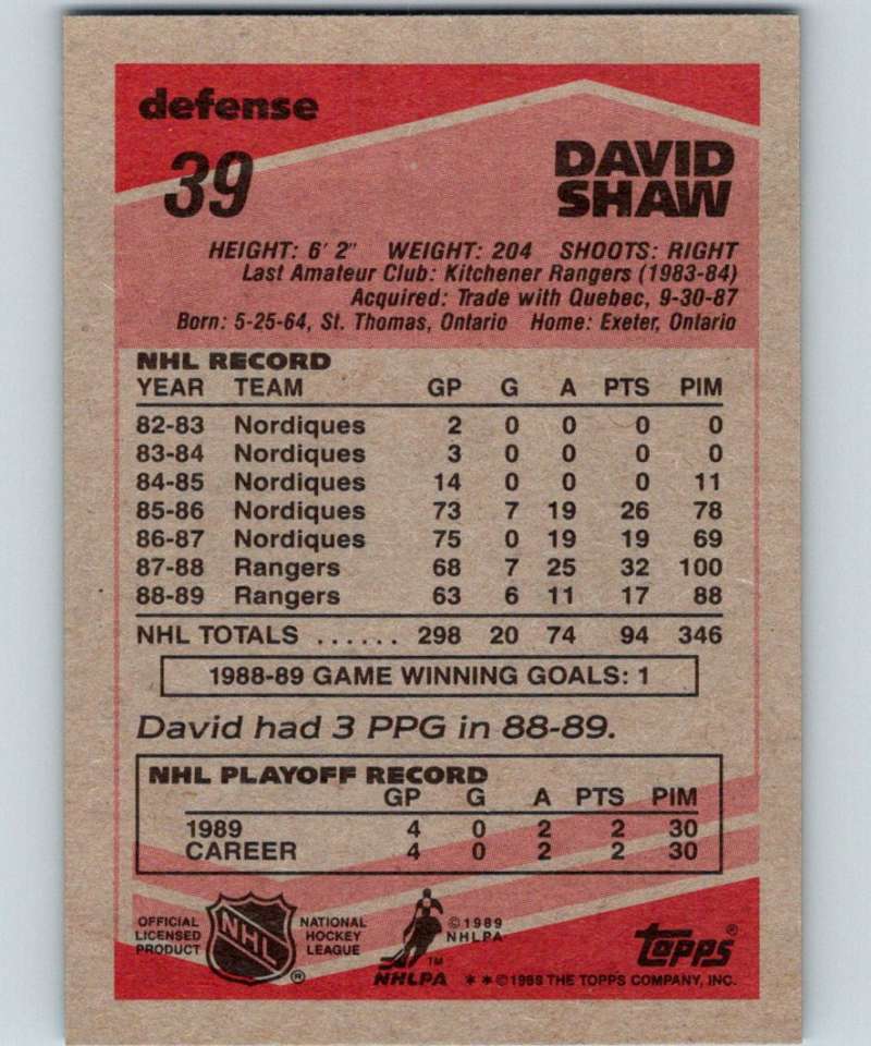 1989-90 Topps #39 David Shaw NY Rangers NHL Hockey Image 2