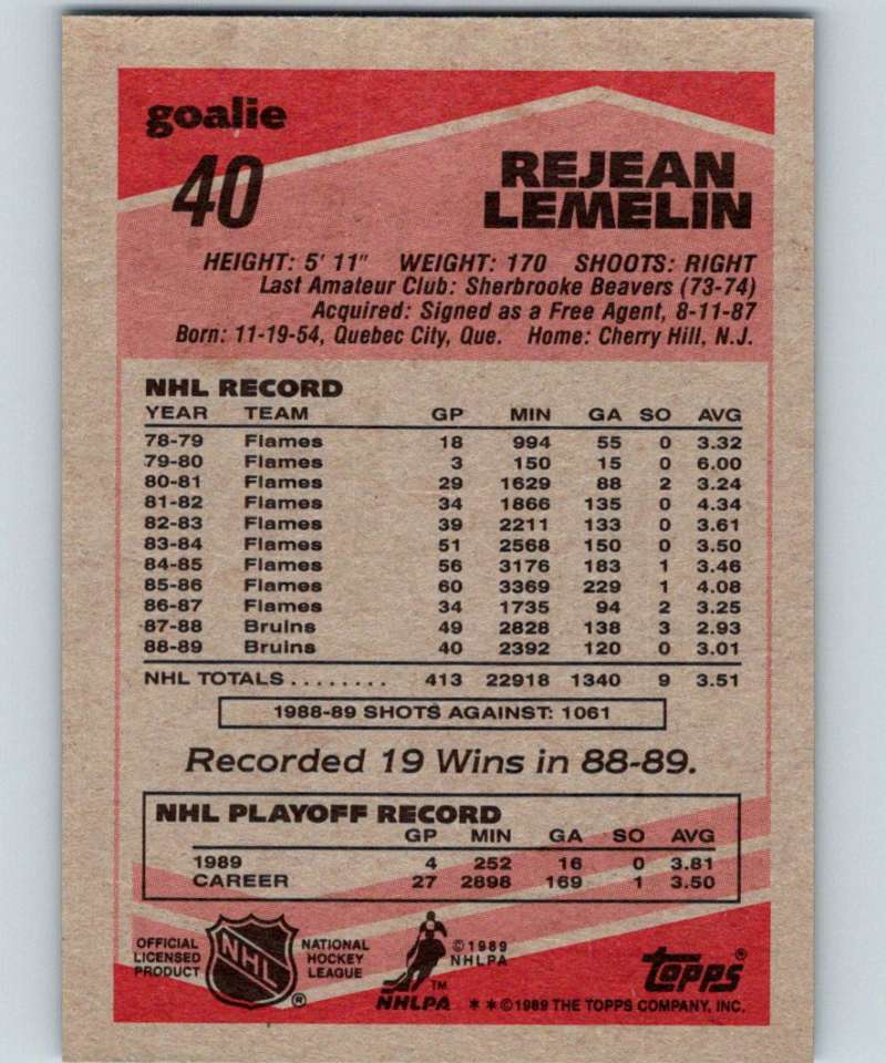 1989-90 Topps #40 Reggie Lemelin Bruins NHL Hockey Image 2