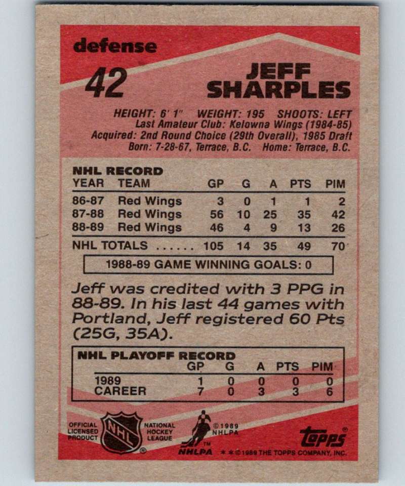 1989-90 Topps #42 Jeff Sharples Red Wings NHL Hockey Image 2