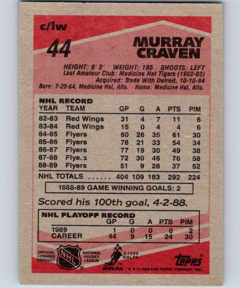 1989-90 Topps #44 Murray Craven Flyers NHL Hockey Image 2