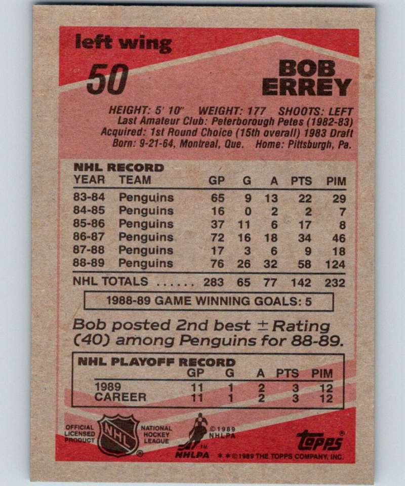 1989-90 Topps #50 Bob Errey RC Rookie Penguins NHL Hockey Image 2