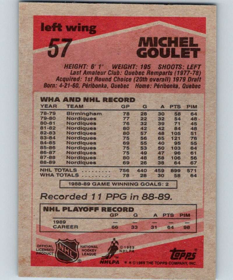 1989-90 Topps #57 Michel Goulet Nordiques NHL Hockey Image 2
